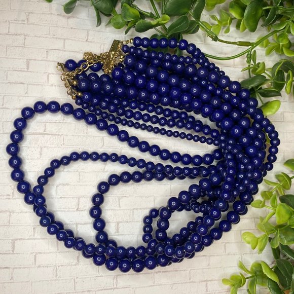 Navy Blue Necklace Statement Multi-Strand Acrylic Beads Long - Picture 3 of 5